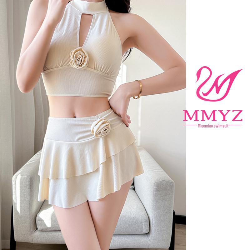 Solid Color Skirted Swimsuit: Split Design, Tummy-Covering, Fairy Style, Slimming, Conservative, Fresh Look for Women