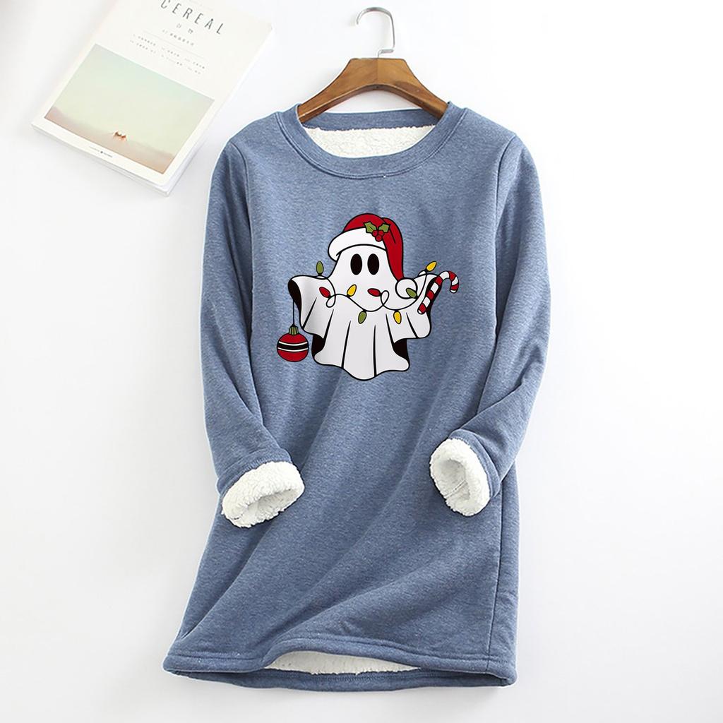 Женский круглый вырез с принтом из утолщенного плюша и кашемира, теплый длинный топ