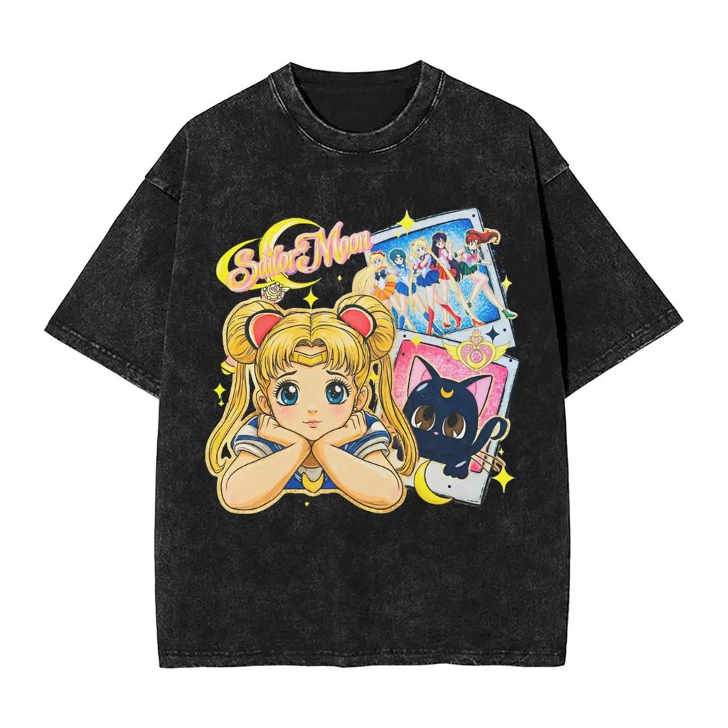 Sailor Moon "Usagi Tsukino Bunny Ears Vintage Wash" Anime Black Women And Men T-Shirt