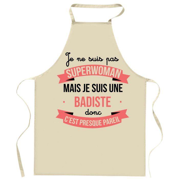 Tablier de cuisine - Badiste Superwoman - Coton résistant - Impression durable France - Liens ajustables
