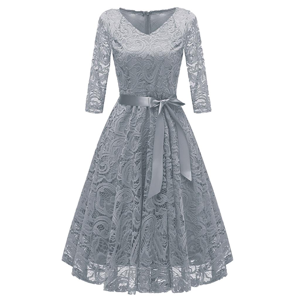 Women's Fashion Vintage V-Neck Long Sleeve Lace Retro Slim Evening Dress