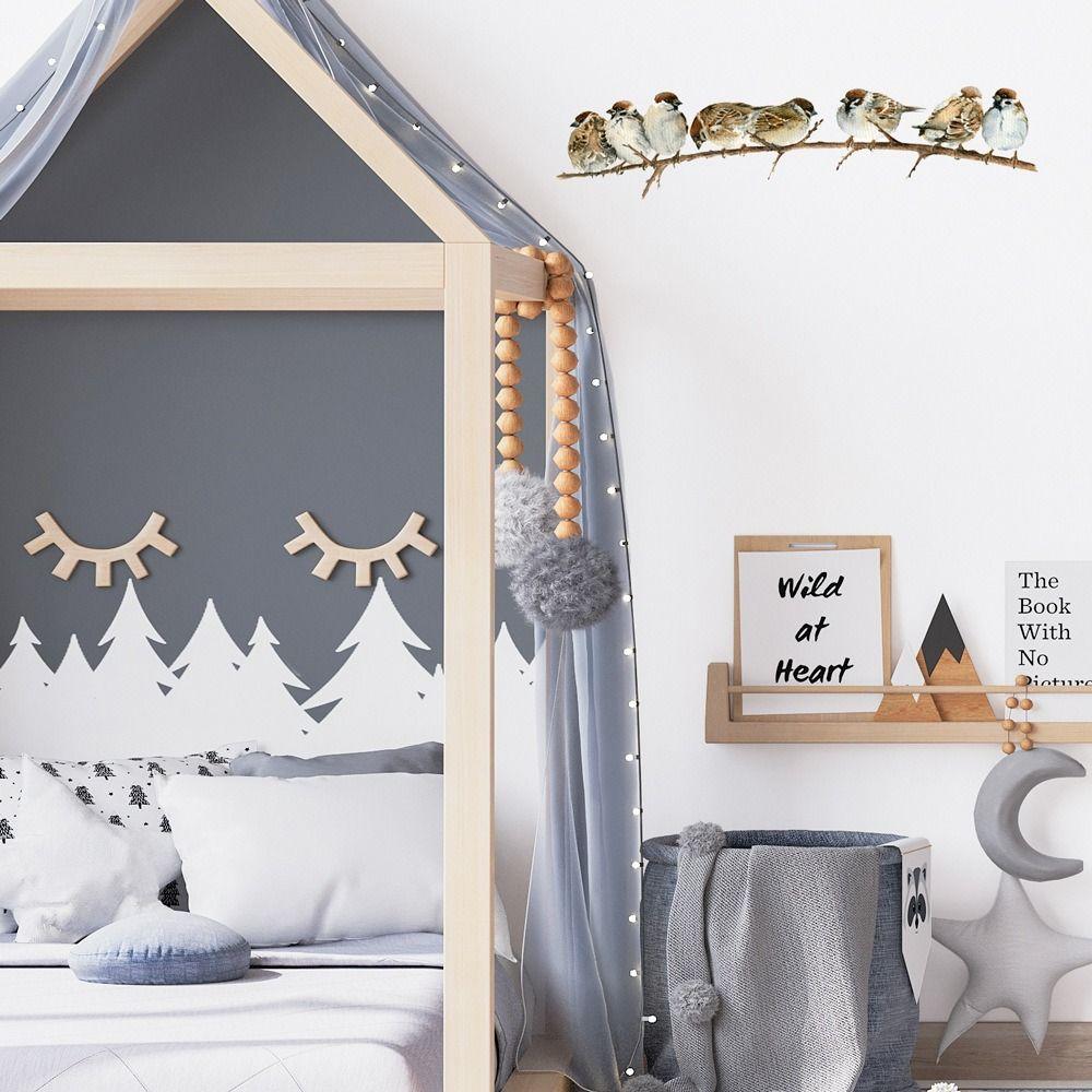 Самоклеящиеся наклейки с изображением птиц в ветке, акварельные воробьи, наклейка для милой гостиной