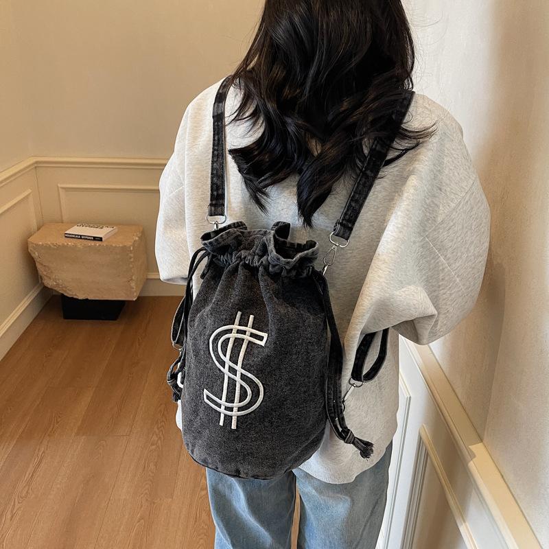 Fashionable Embroidered Drawstring Bucket Bag New Textured Washing Denim Money Bag Multipurpose Shoulder Bag