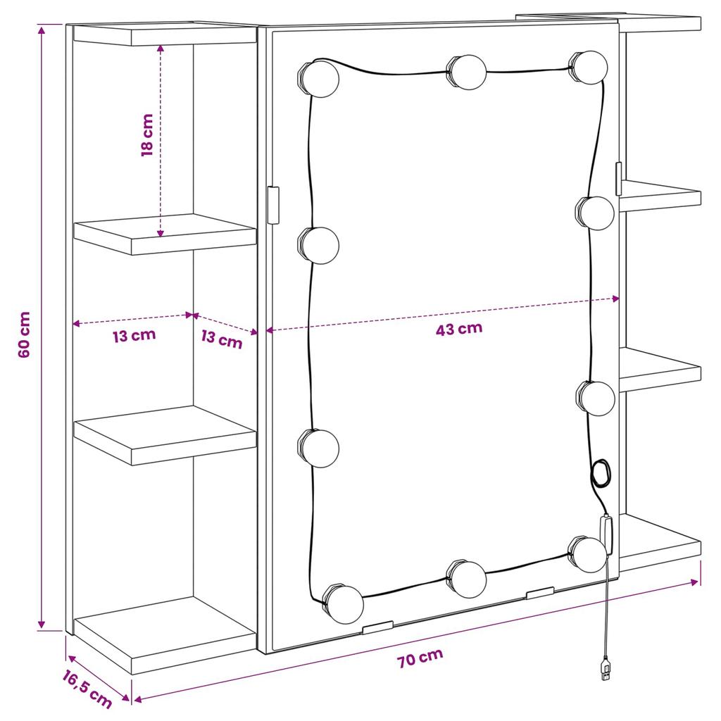Mirror Cabinet with Shelf Black Oak Effect 70 x 16.5 x 60 cm