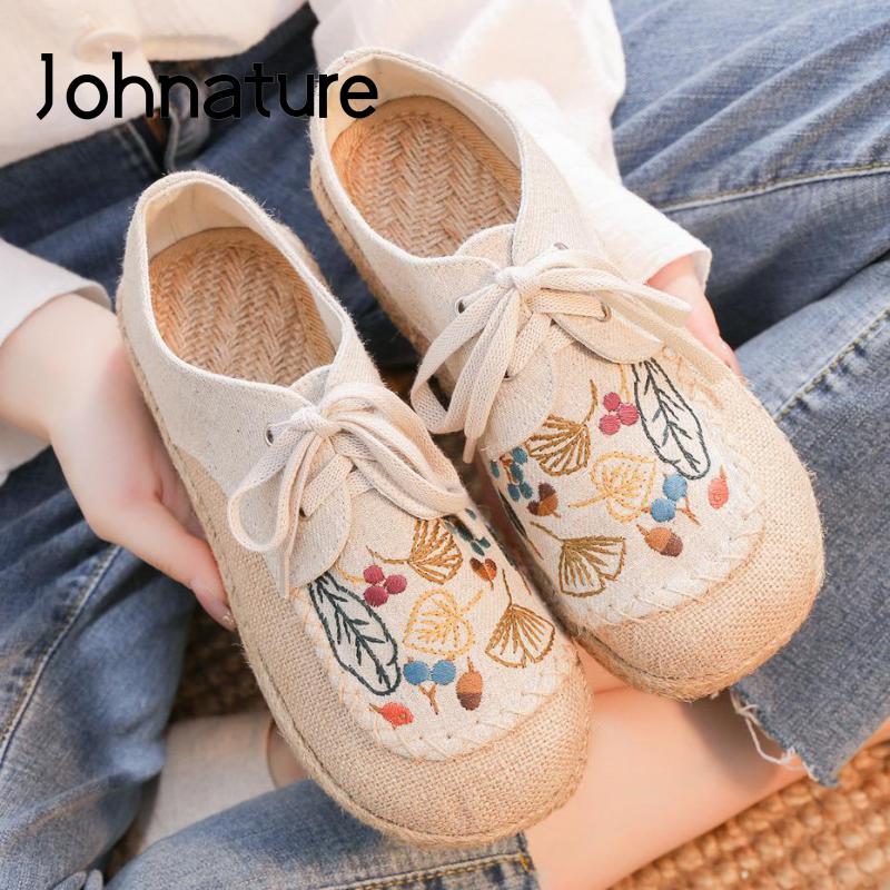 Johnature Cotton Linen Flats Women Shoes Lace-up Spring Round Toe Embroider Concise Comfortable Handmade Ladies Shoes