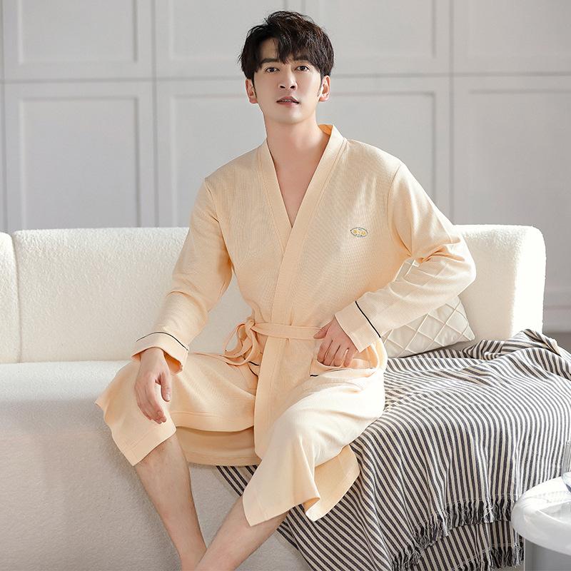 Couple Nightgown Women'S Pajamas Spring And Autumn Cotton Long-Sleeved Bathrobes Men'S Autumn Cotton Simple Dressing Gown Yukata Loungewear