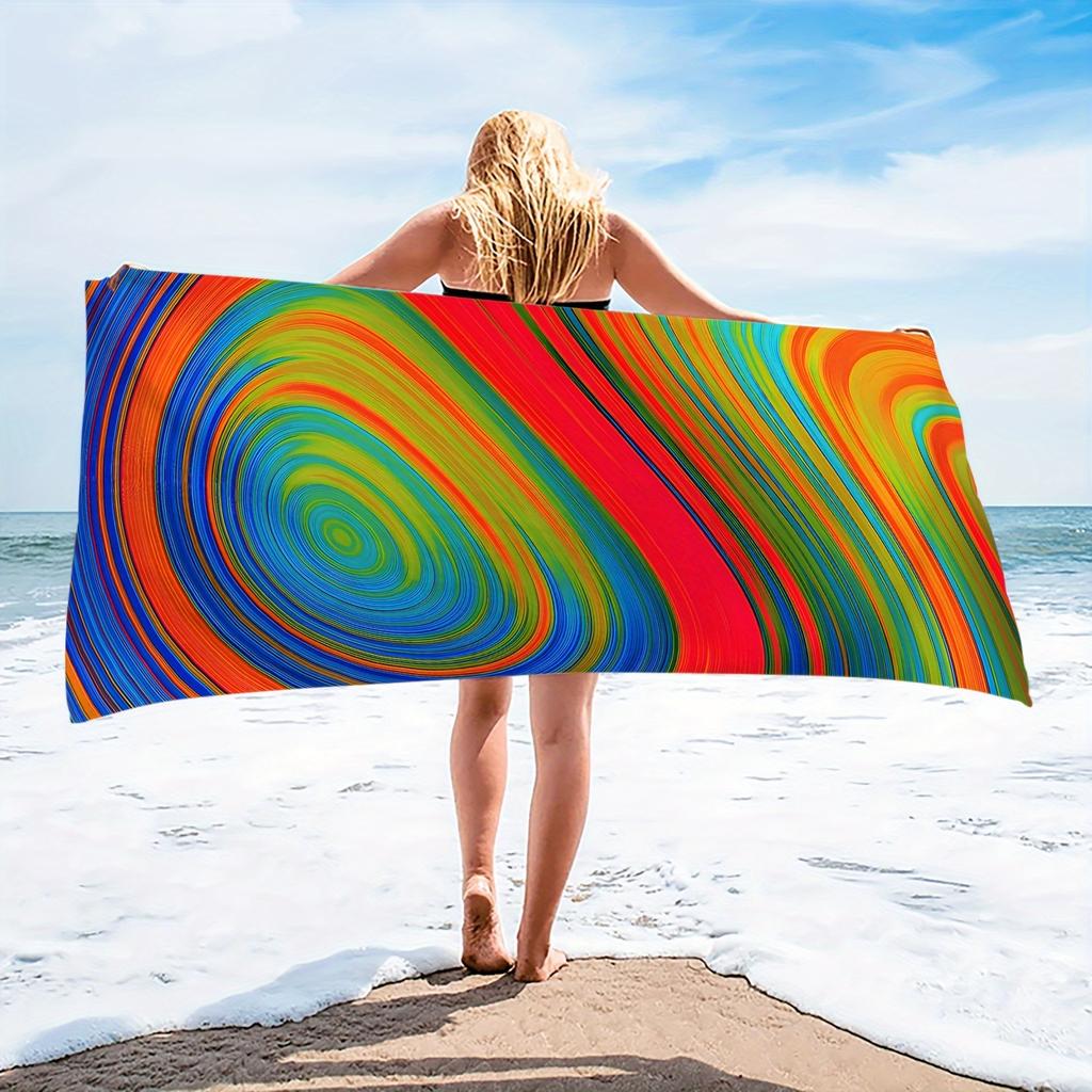 Colorful Waves Artistic Beach Towel, Vibrant Ocean Abstract Quick-Dry Sand-Free Microfiber Bath Towel for Yoga, Swim and Camping