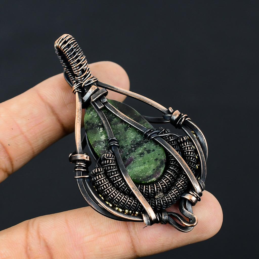 Ruby In Zoisite Handmade Copper Wire Wrap Pendant 2.95" C8n07