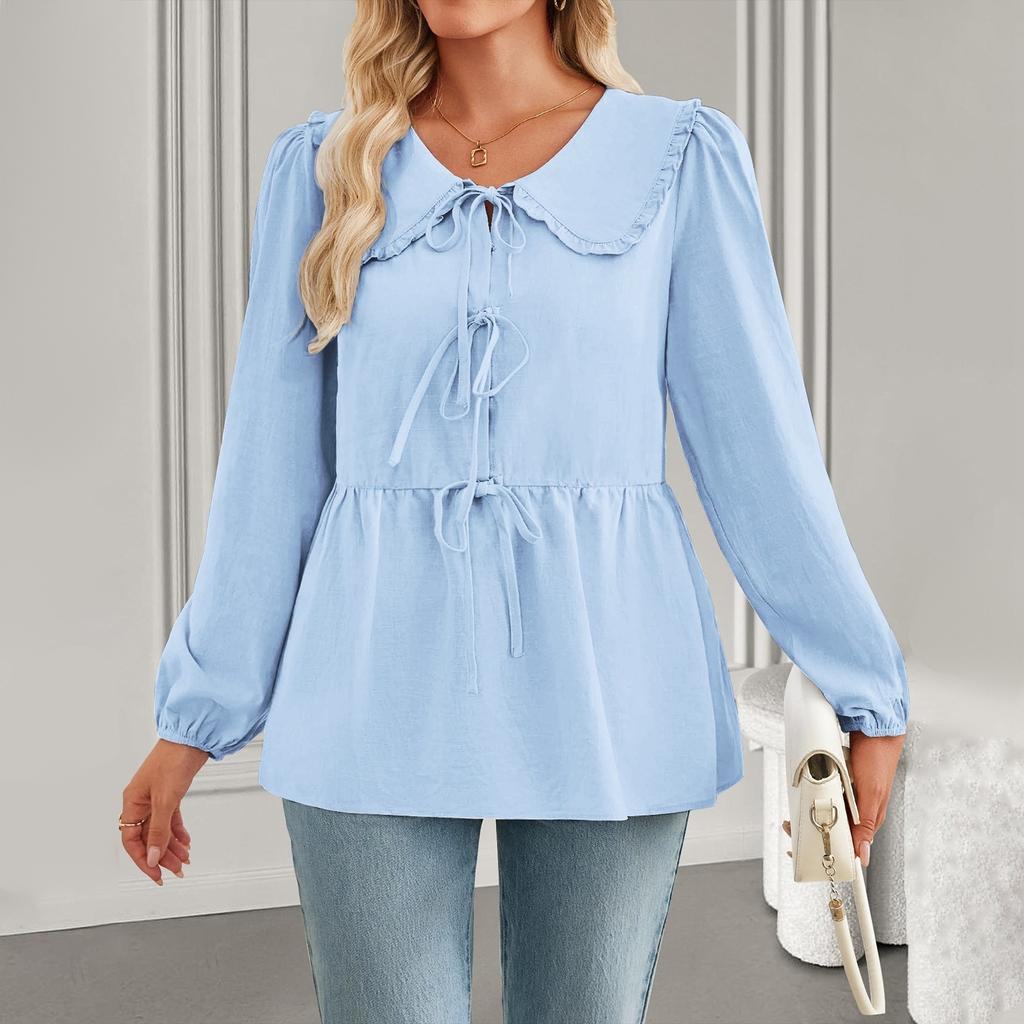 Женская модная рубашка с длинным рукавом и V-образным вырезом, с галстуком-бабочкой, футболка, топы