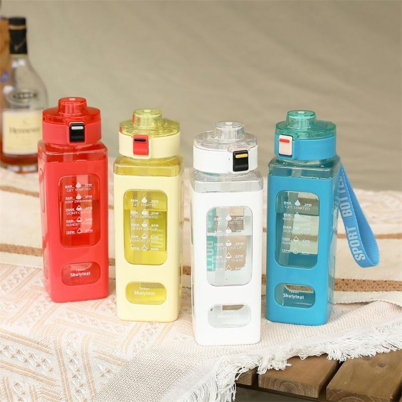 Square Plastic Water Bottle With Handle, Modern Simple Style, Portable Sports Bottle With Straw, 700ml