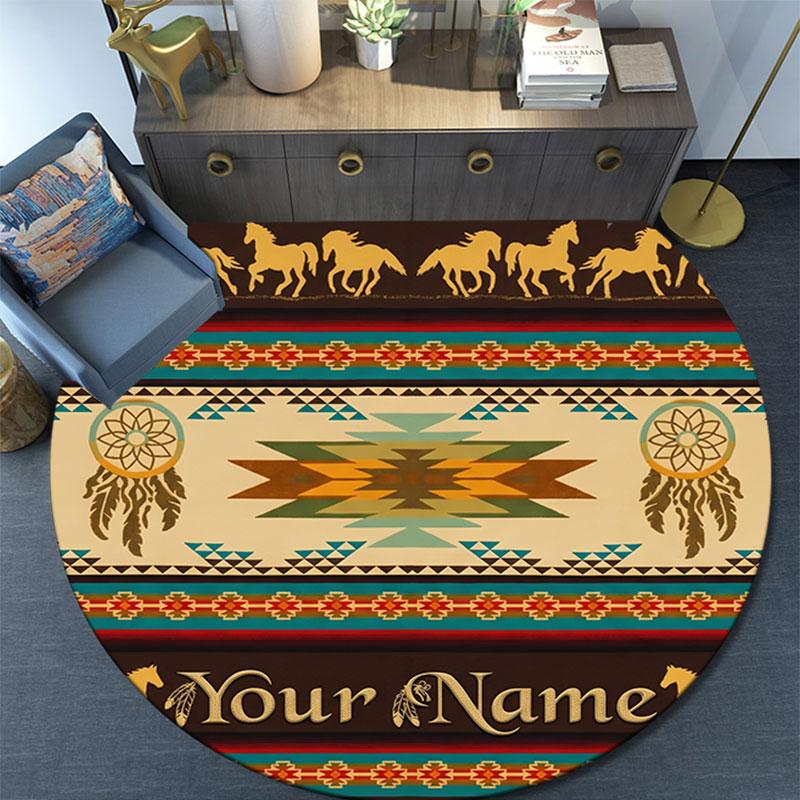 Custom Name,Boho Southwest Cowboy Animal pattern round rug,Carpet Rug for Living Room Bedroom Playroom ,Non-slip Floor Mat,Holiday Gifts and Birthday 