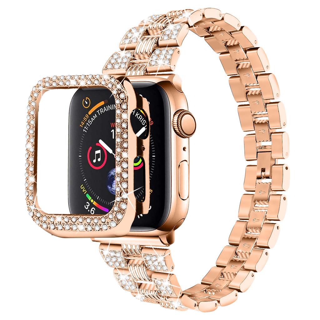 For Apple Watch Series 7 45mm 2-in-1 Design Stainless Steel Rhinestone Thread Watch Strap+Anti-drop Hard PC Watch Case