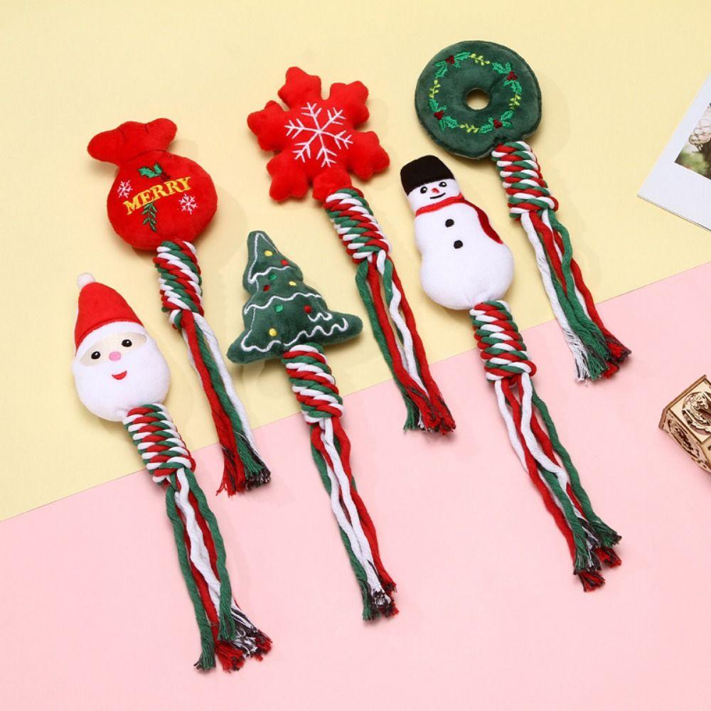 Snowman/Christmas Tree Christmas Dog Toys Plush Snowflake/Doughnut Shape Dog Squeakey Chew Toys Bite Resistant Cotton Ropes