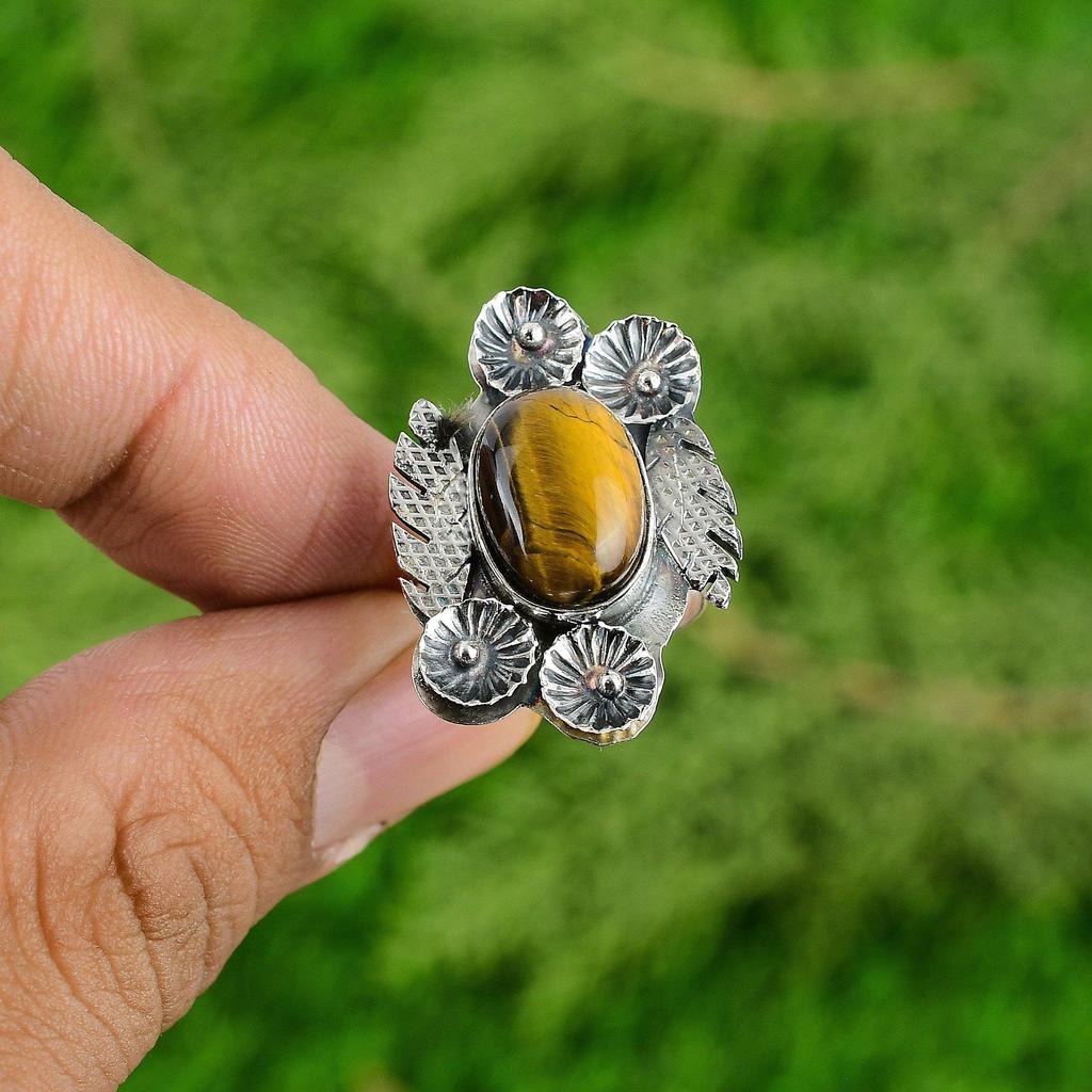 Natural TigerS Eye 925 Silver Stackable Flower Adjustable Ring For Women