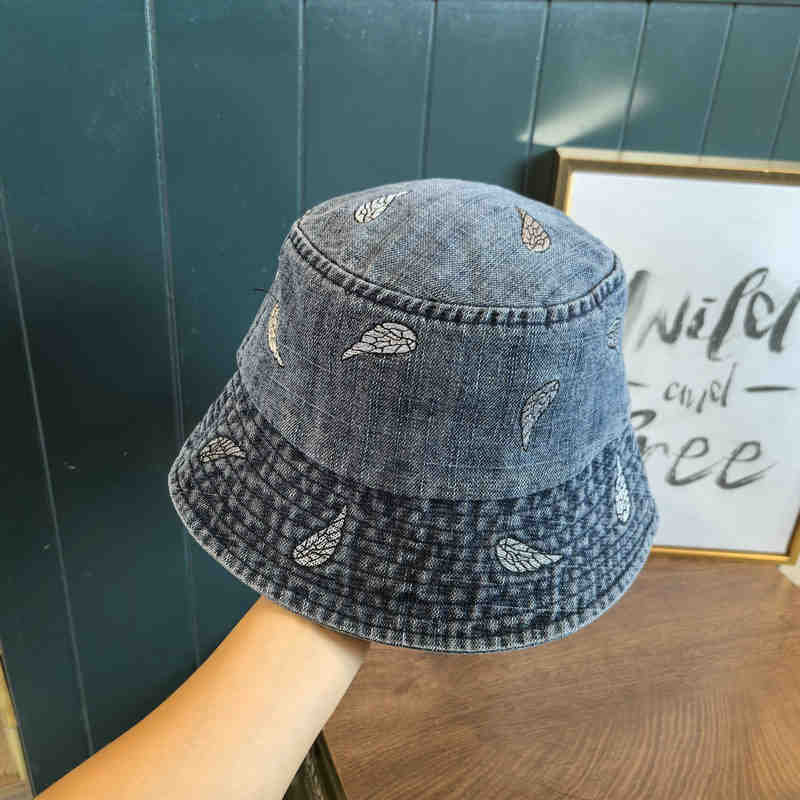 Leaf embroidery denim fisherman hat children spring and autumn washed retro outdoor versatile sunshade small brim bucket hat