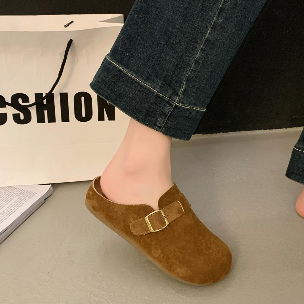 2025 Весна и Осень Новые Женские Туфли-Мюли в Корейском Стиле на Толстой Подошве и Среднем Каблуке, Повседневная Верхняя Одежда