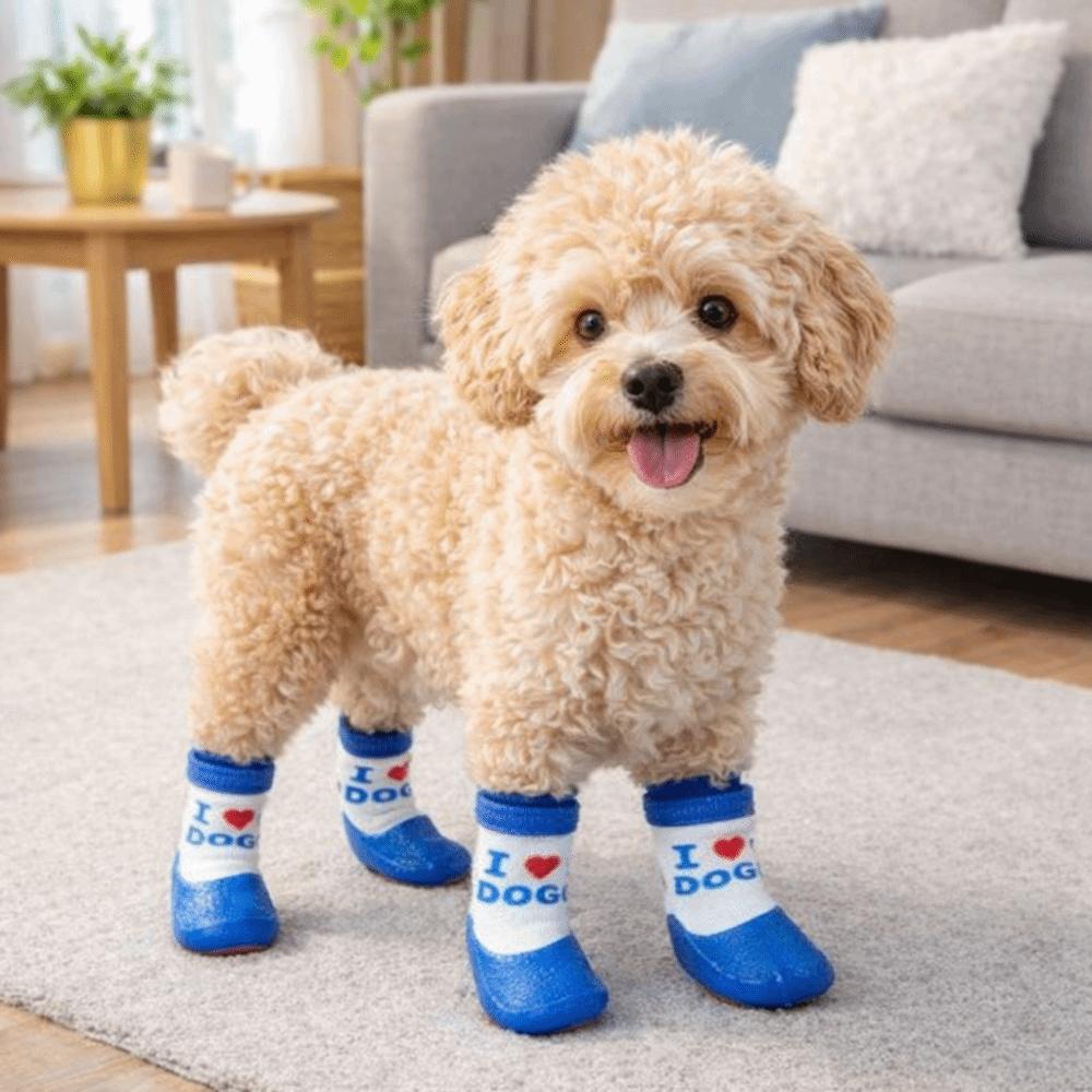 4 pieces/set Waterproof Pet Socks Booties Warm Soft Sole Dog Socks Shoes Adjustable Wear Resistant Dog Knit Socks Walking
