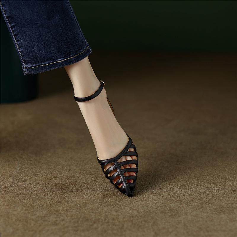 Сандалии Nude с острым носком, женские летние, нишевый дизайн, мягкая кожа, одно слово, пряжка, римские туфли на высоком каблуке
