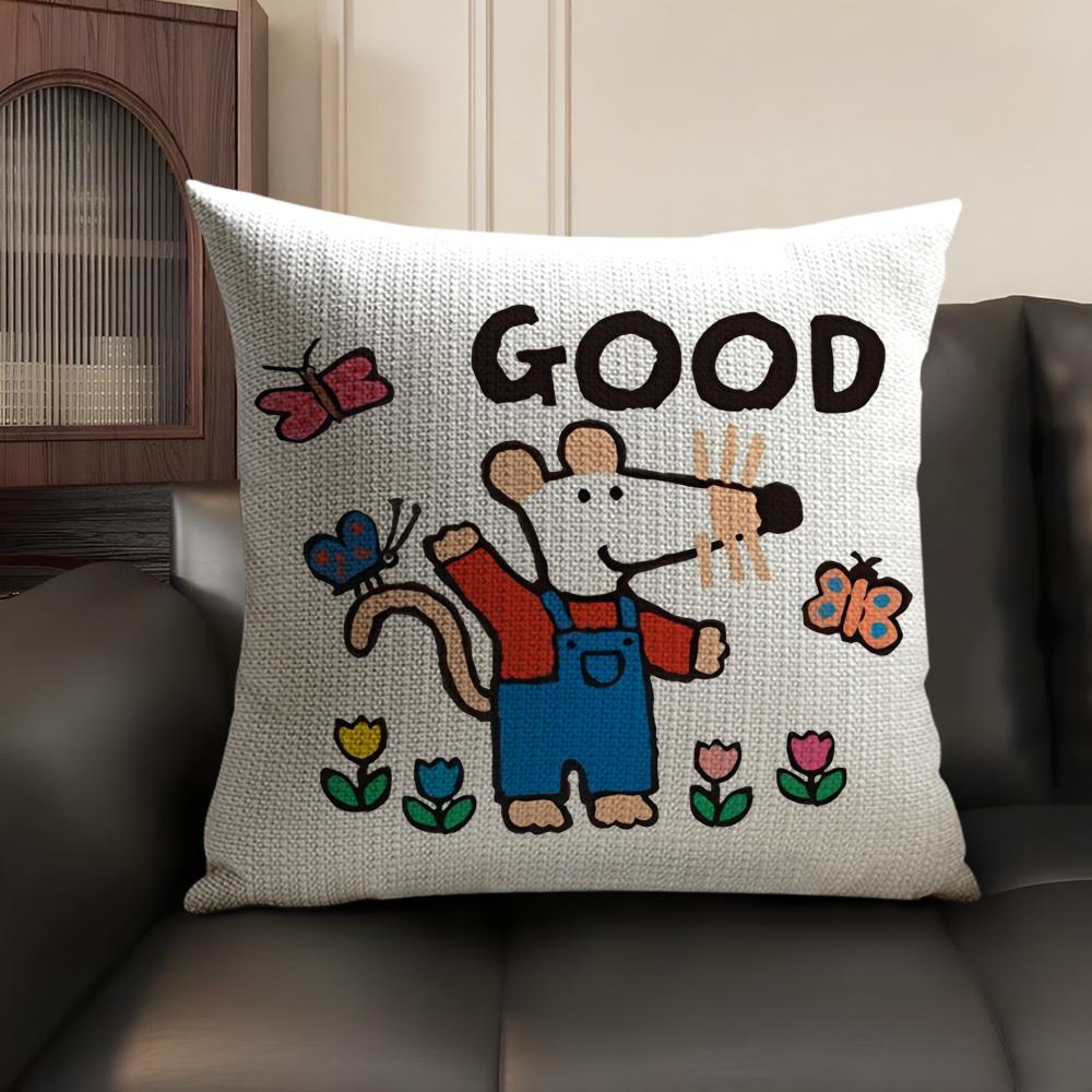 Cute Bobo the Mouse Cushion Cover Summer Breathable Linen Organic Fabric Double-Sided Printing Sofa Pillow Case Home Decor
