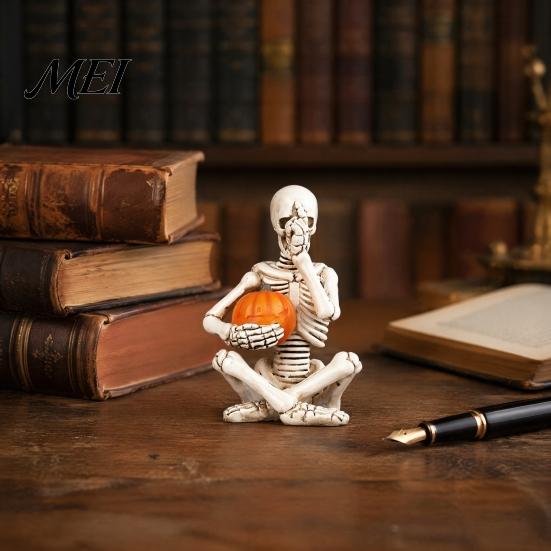 Alternative Home Accessories Vintage Skeleton Holding Pumpkin Statue, Halloween Resin Figurine, Gothic Decoration Desktop Ornament for Entryway