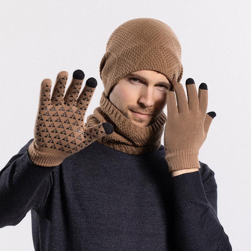 Winter Warm Hat Gloves Scarf Three-Piece Set Winter Men's Outdoor Cold Protection Fleece Knitted Woolen Cap