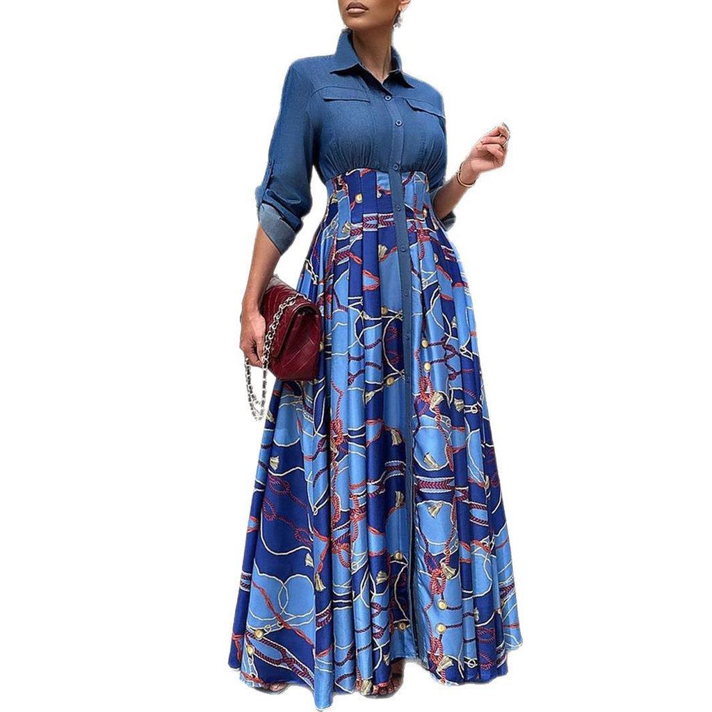 Женская повседневная длинная юбка большого размера с принтом пэчворк из денима - Платье с широким подолом