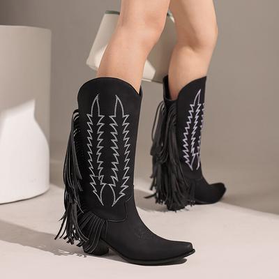 Осень и зима ретро стиль вышитые бахромчатые сапоги острый носок средний каблук высокие модные сапоги