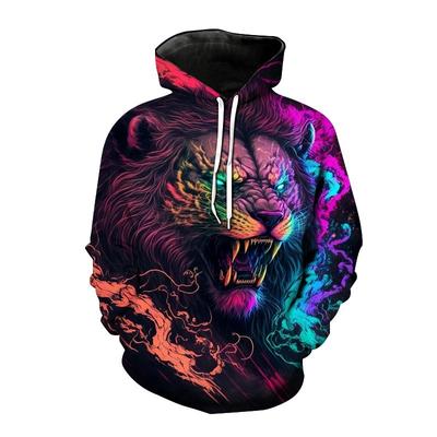 Новые мужские модные толстовки с капюшоном с 3D-принтом в виде льва, повседневные свободные топы с длинными рукавами и карманами с капюшоном