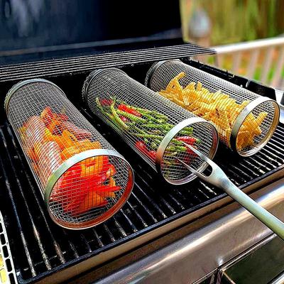 Круглая корзина для барбекю, вращающаяся корзина для гриля из нержавеющей стали, проволочная сетка, цилиндрическая корзина для гриля, портативная уличная стойка для барбекю для кемпинга