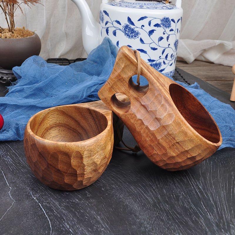 Wooden Finnish Cup Camping Outdoor Wooden Cup Acacia Wood Handle Handy Cup Pure Handmade Creative Milk Coffee Cups