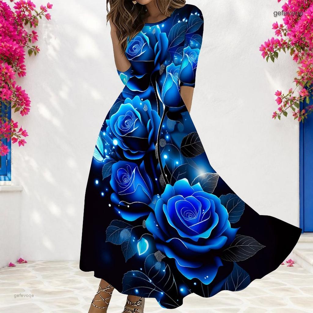 Women Plus Size Crew Neck 3 4 Sleeve Camouflage Print Black Gray White Maxi Dress With Pockets