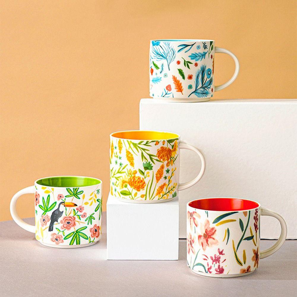 Durable Creative Ceramic Mug Hand-Painted Floral Colored Ceramic Coffee Mug with Handle Porcelain Tea Cup Family