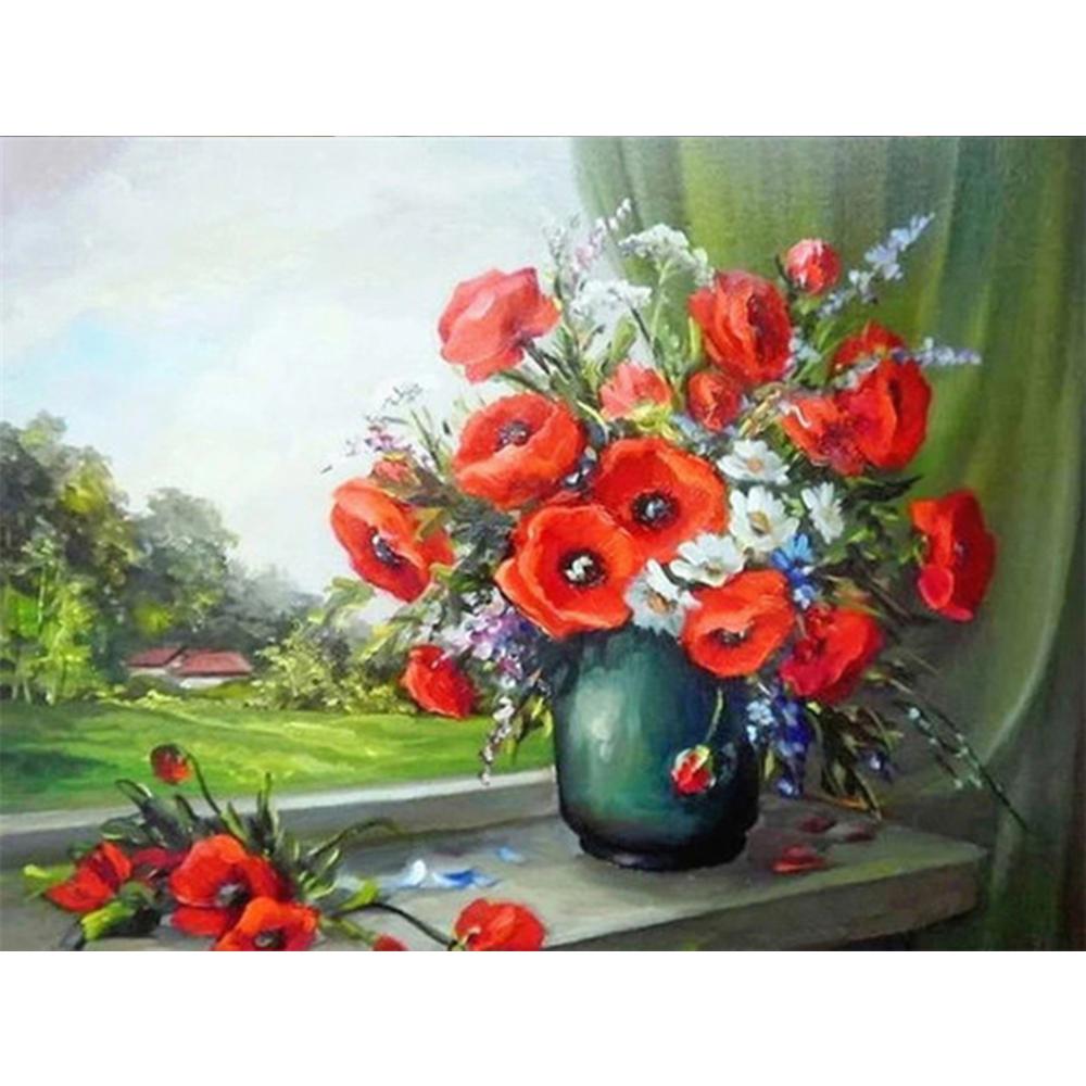 5D DIY Алмазная картина Цветочная мозаика Окно Полный дрель Алмазная вышивка Ремесленный комплект Изображение Горный хрусталь Домашний декор