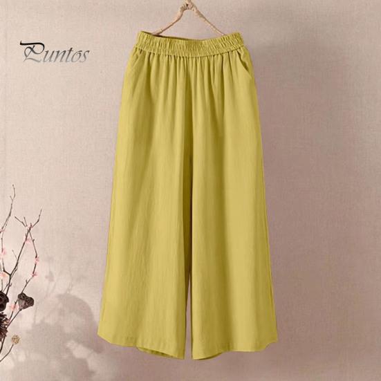 Женские укороченные брюки с эластичной резинкой на талии, широкие брюки со средней посадкой и карманами, однотонные свободные повседневные брюки