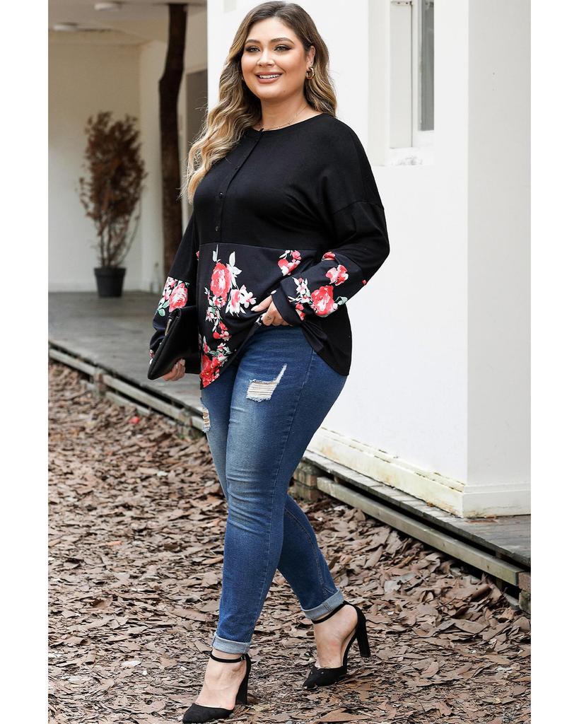 Azura Exchange Black Plus Size Floral Printed Splicing Half Button Top
