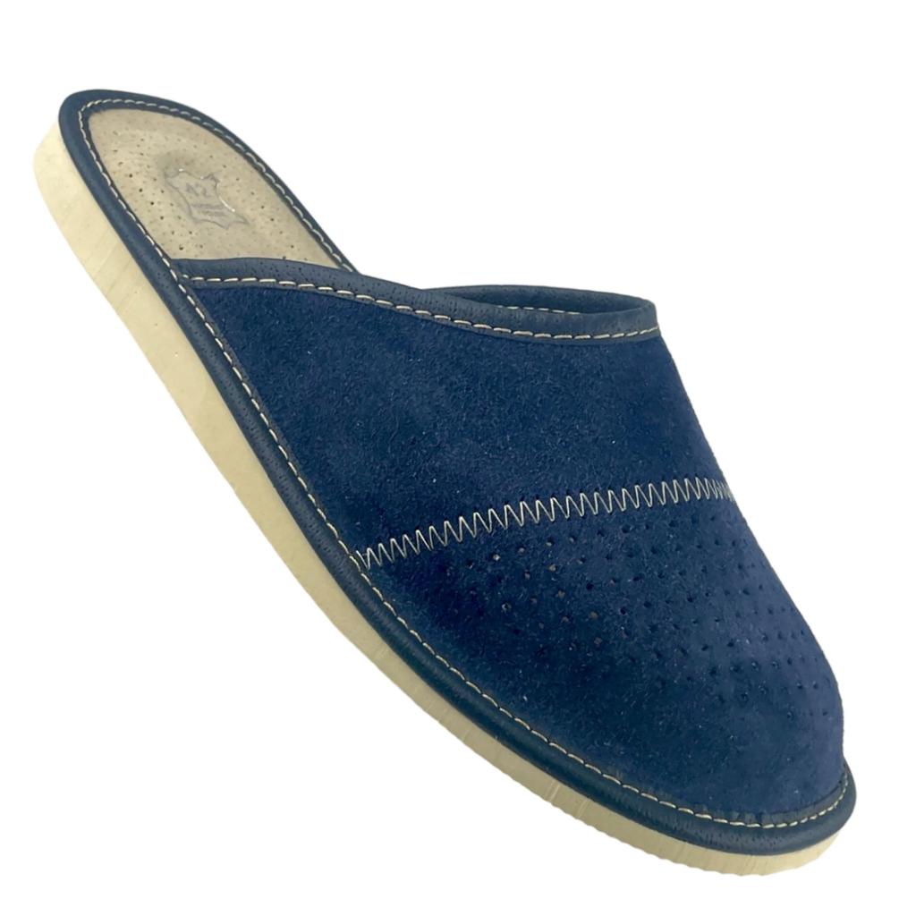 Navy blue suede men's slippers, velvet men's leather slippers 45