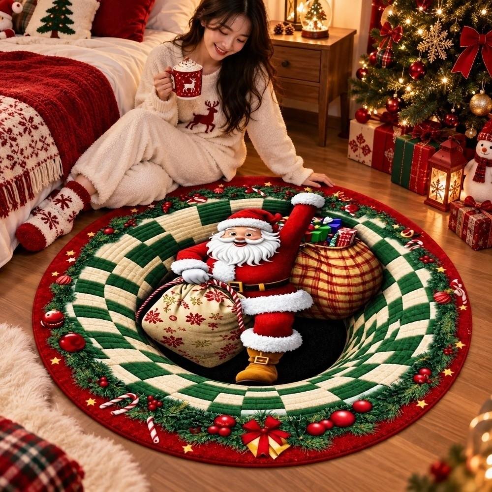 Polyester Christmas Round Rug 2D Flat Optical Delusion Doormat 3D Illusion Carpet Festival Present