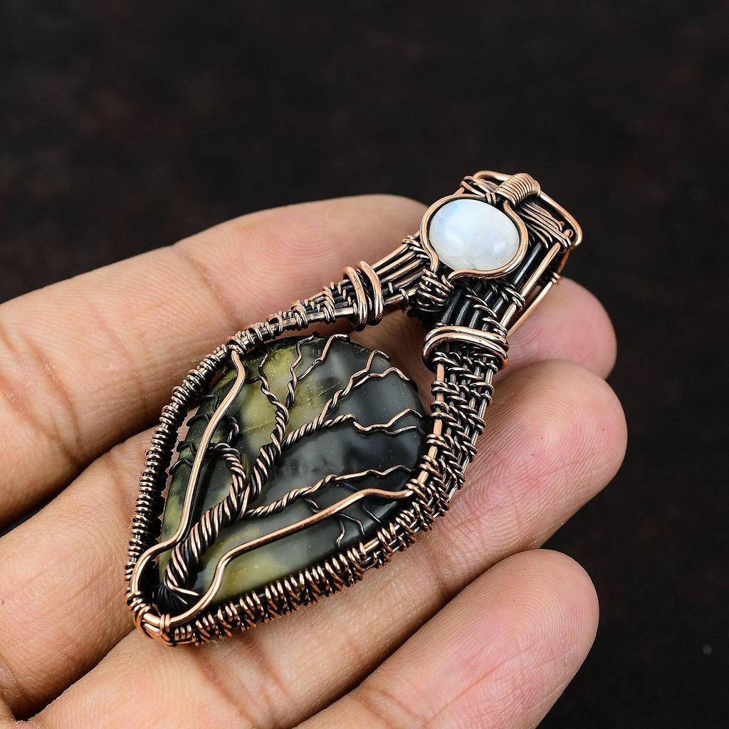 Древо жизни Пикассо Яшма Медный кулон Драгоценный камень Ювелирные изделия Проволочная обертка Подвеска ручной работы Радужный лунный камень Ювелирные изделия Подарок для матери