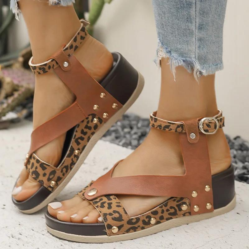 Fashion Summer Leopard Print Wedge Sandals Women Plus Size Ankle Strap High Heel Sandal Female New Slip On Pu Leather Sandalias Mujer