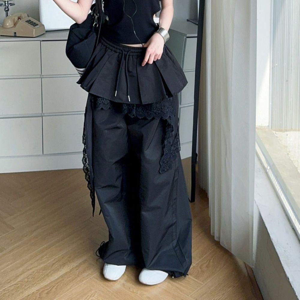 Baggy Lace Tiered Skirt Pants High Waist Wide Leg Trousers Sweet Lace Patchwork Pants Girls