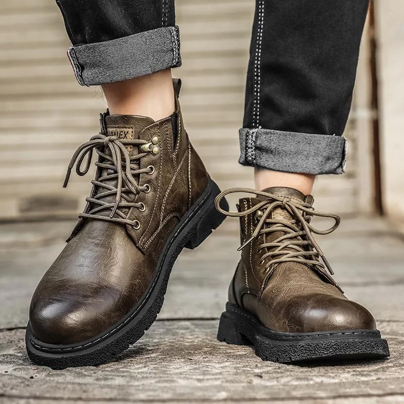 Men's Boots, New Autumn British Style Retro High Top Workwear Leather Shoes, Mid Top Business Casual Men's Shoes