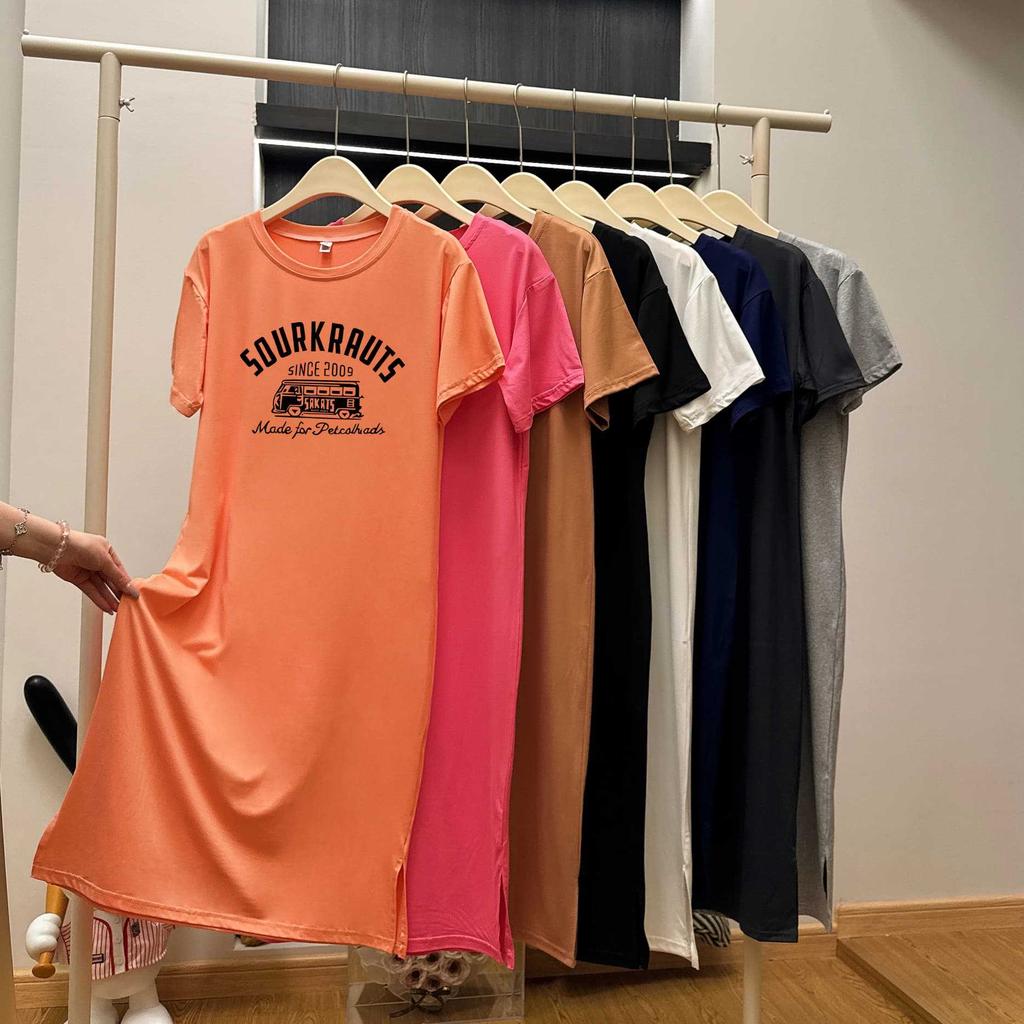 Новое платье с коротким рукавом свободного кроя, повседневное платье-футболка до колена, универсальное длинное платье средней длины, стройнящее для женщин летом