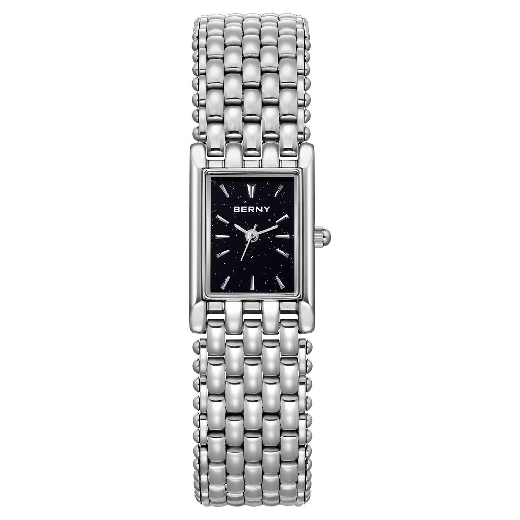 BERNY Silver Watch with Vintage Rectangular Case and 3ATM Water Resistance Women's