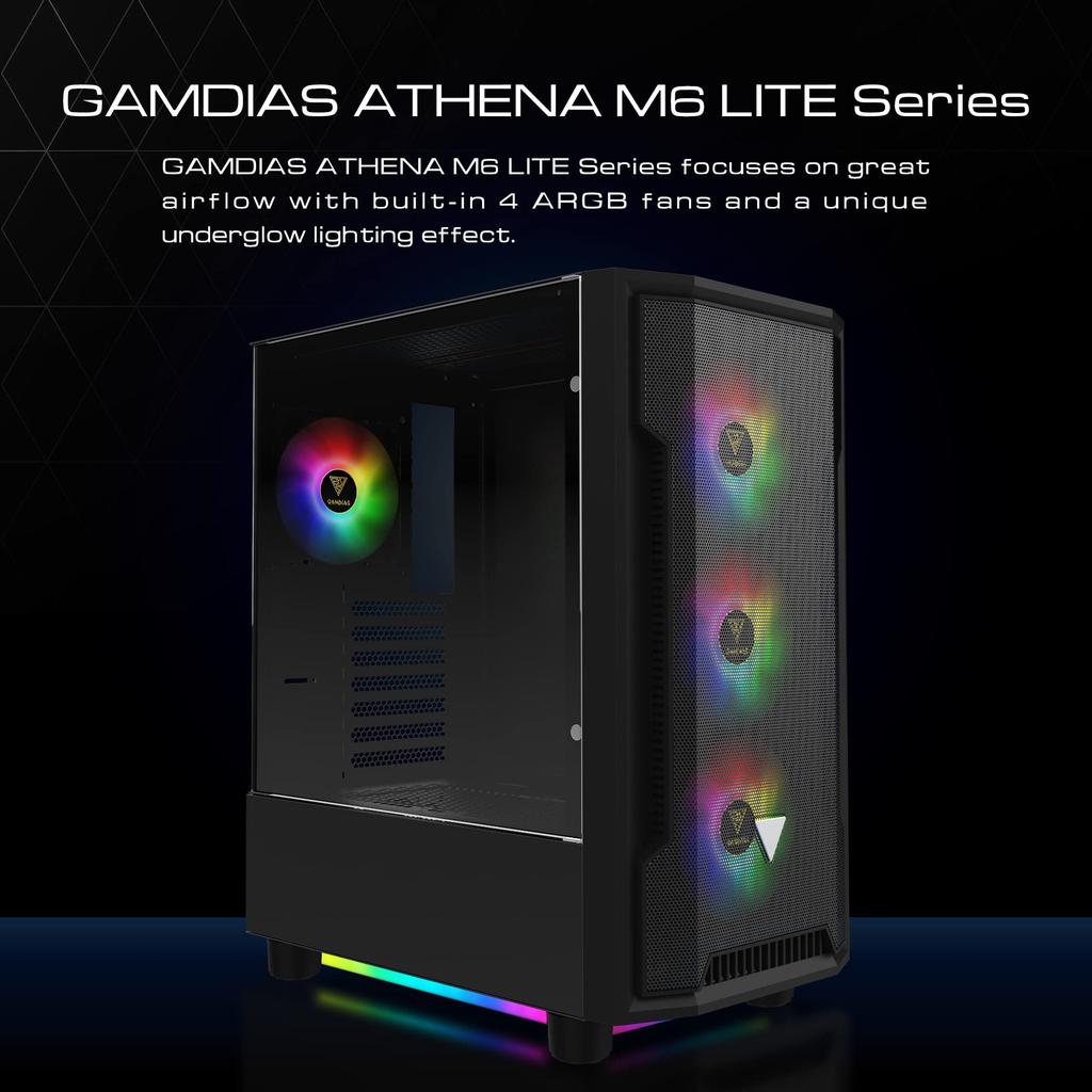 Корпус игрового ПК GAMDIAS ATHENA M6 LITE Корпус ATX Бесшовное закаленное стекло Окна 4 120 мм ARGB вентилятор Три стороны Подсвечивающаяся сетчатая передняя панель Перфорированная