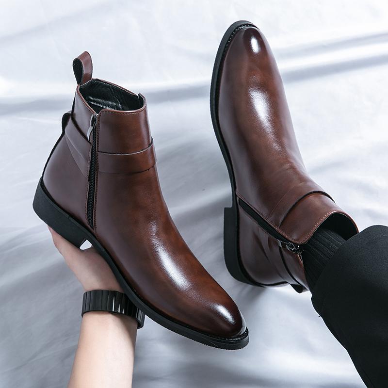 Fashion Brand Side Zipper Chelsea Men's Boots Business High Top Leather Shoes Motorcycle Boots Ankle Boots Men's Casual Wedding Shoes