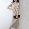 Women's Half High Collar Wool Knitted Dress Solid Color Long Sleeve Sweater Long Dress