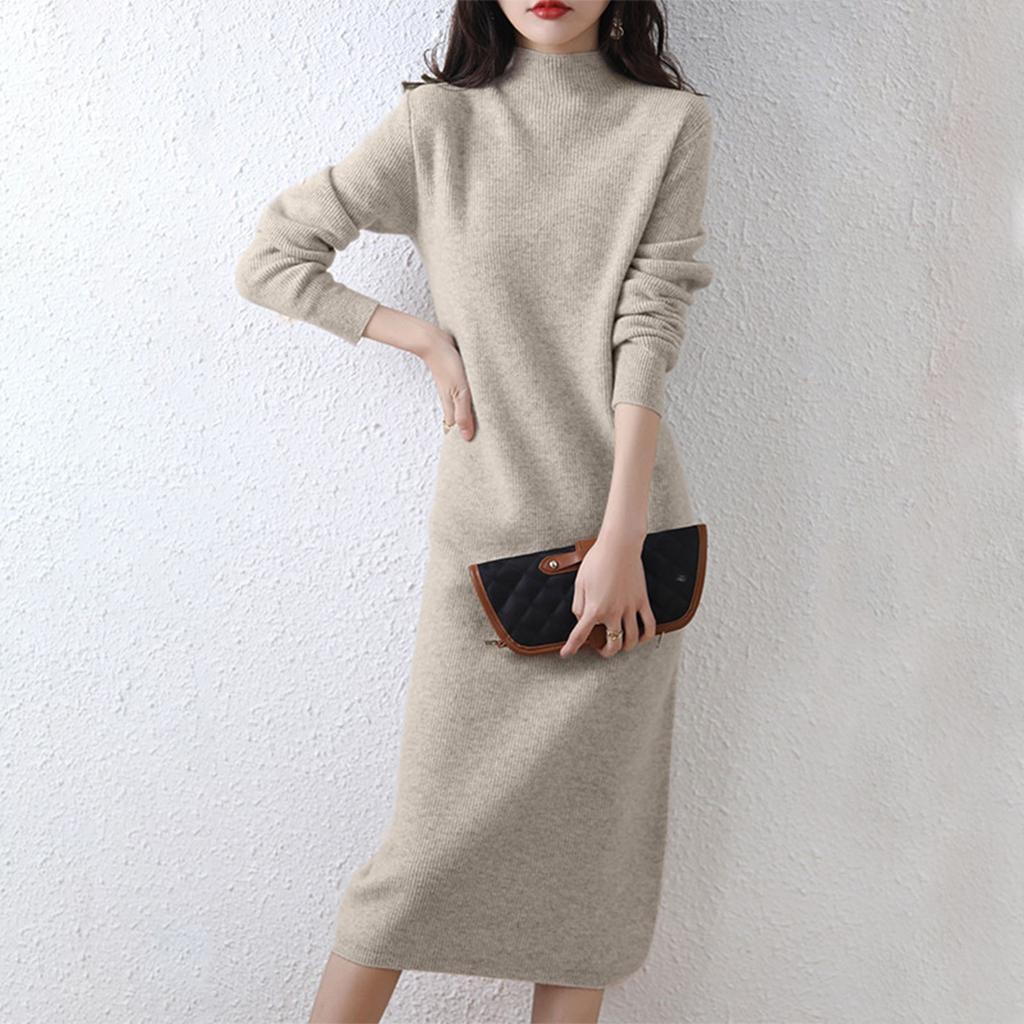 Women's Half High Collar Wool Knitted Dress Solid Color Long Sleeve Sweater Long Dress