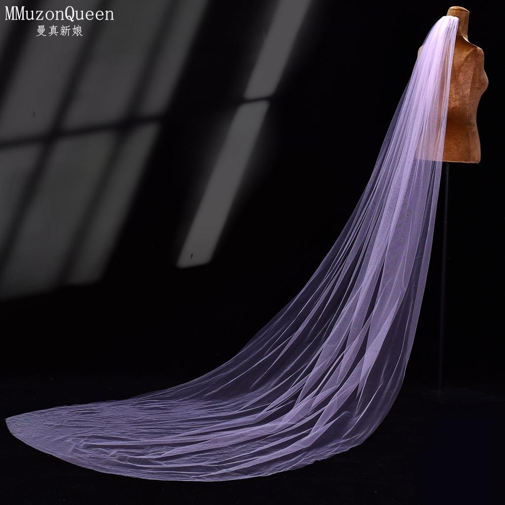 Plain Solid Color Tulle Bridal Veil Single Layer Soft Flowy Simple Wedding Veil White Lavender Light Blue Floor Length Veil For Bride Elopement Shoot