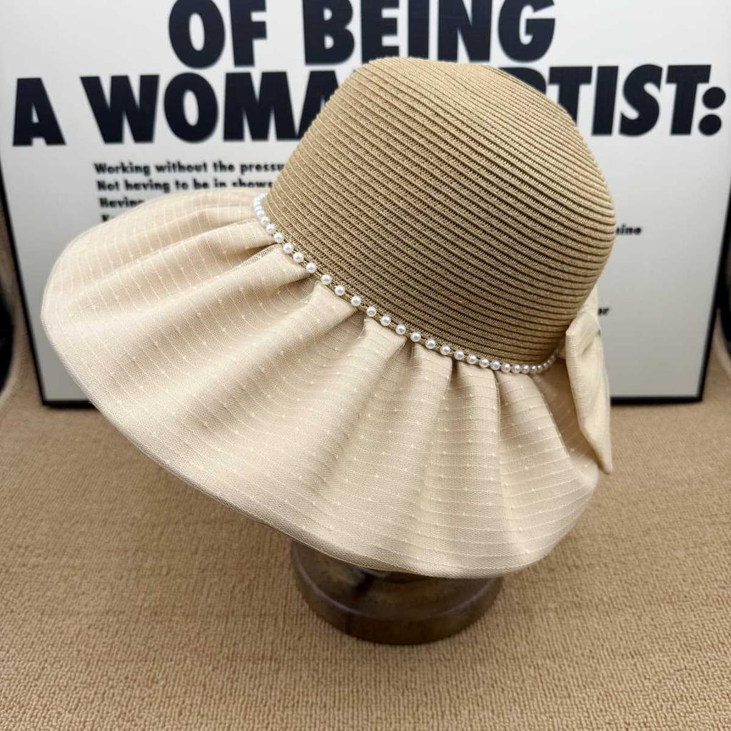 Internet celebrity pearl big brim straw hat women French sunscreen visor hat chiffon bow high quality bucket hat