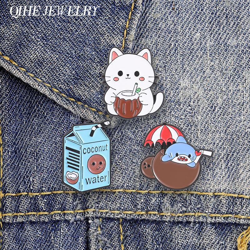 Xiaomi Cute Cat Drinking Coconut Water Enamel Pin Cartoon Baby Shark In Coconut Water Summer Cool Brooch Bag Lapel Badge Jewelry Gifts